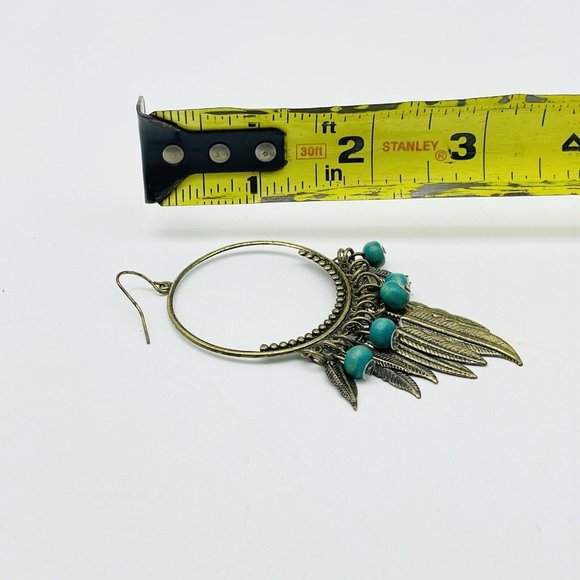 Feather Drop Hoop Earrings Pierced Gold Tone Faux Turquoise Beads Ethnic Native - Picture 3 of 8